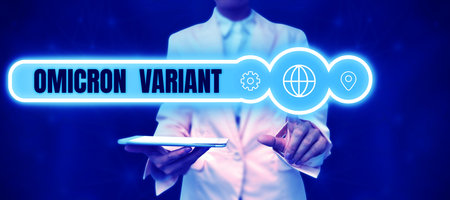 Text showing inspiration Omicron Variant. Internet Concept mild to severe respiratory illness that is caused by a new type of coronavirusの写真素材