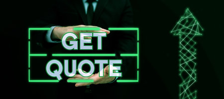 Hand writing sign Get Quote. Word for the most recent price to which a buyer and seller agreedの写真素材