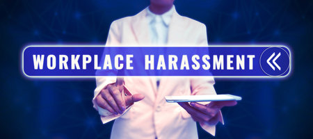 Sign displaying Workplace Harassment. Business overview Different race gender age sexual orientation of workersの写真素材