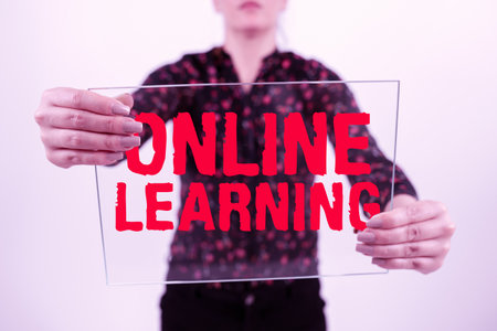 Text sign showing Online Learning. Concept meaning educational tool based on and accessible from the...