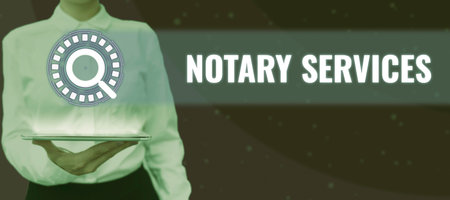 Text showing inspiration Notary Services. Concept meaning services rendered by a state commissioned notary publicの写真素材