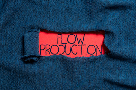 Text caption presenting Flow Production. Business overview items are produced from one processing step to the next oneの写真素材