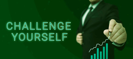 Text sign showing Challenge Yourself. Concept meaning Overcome Confidence Strong Encouragement Improvement Dareの写真素材