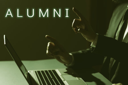 Conceptual caption Alumni. Business concept former pupil or student especially male one of particular schoolの写真素材
