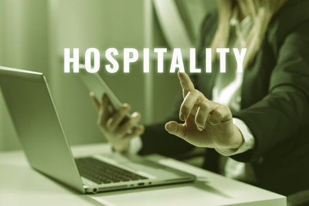 Text showing inspiration Hospitality. Business overview the friendly and generous reception and entertainment of guestsの写真素材