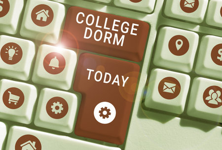 Text caption presenting College Dorm. Word for residence hall providing rooms for college...