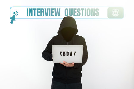 Text caption presenting Interview Questions. Concept meaning Typical topic being ask or inquire...