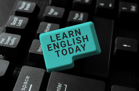 Writing displaying text Learn English Today. Business showcase gain or acquire knowledge and skill of English languageの写真素材
