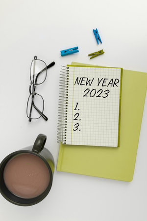 Hand writing sign New Year 2023. Conceptual photo Greeting Celebrating Holiday Fresh Start Best wishesの写真素材