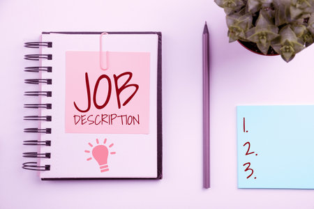 Hand writing sign Job Description. Business showcase A document that describes the responsibilities of a positionの写真素材