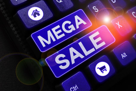 Text caption presenting Mega Sale. Word for The day full of special shopping deals and heavy discountsの写真素材