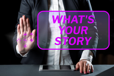 Inspiration showing sign Whats Your Story. Conceptual photo asking someone tell me about himself Share experienceの写真素材