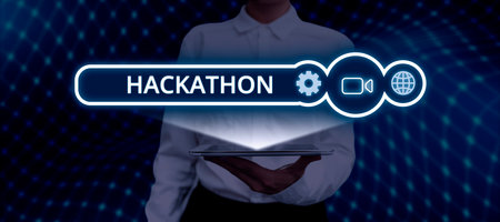 Text showing inspiration Hackathon. Business showcase event where large number of people engage in...