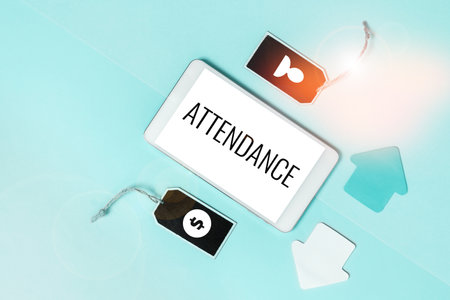 Conceptual caption Attendance. Conceptual photo Going regularly Being present at place or event Number of peopleの写真素材