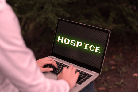 Hand writing sign Hospice. Business showcase focuses on the palliation of a terminally ill patients painの写真素材