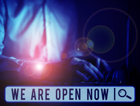 Handwriting text We Are Open Now. Word for no enclosing or confining barrier, accessible on all sidesの写真素材