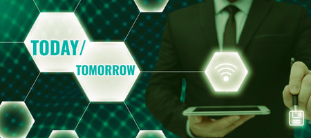 Sign displaying Today Tomorrow. Business approach What is happening now and what the future will bringの写真素材