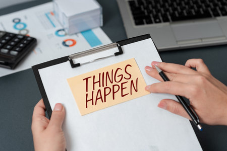 Handwriting text Things Happen. Business overview Result of situation Course of action Something cannot controlの写真素材
