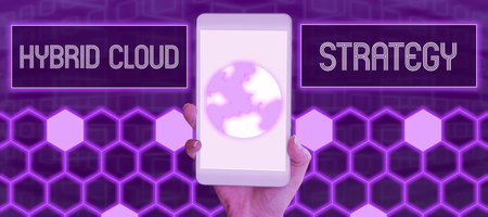 Conceptual caption Hybrid Cloud Strategy. Word for Cloud computing setting that uses a mix of...