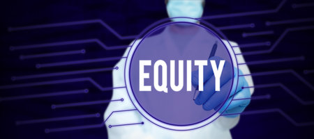 Conceptual caption Equity. Internet Concept quality of being fair and impartial race free One hand Unityの写真素材