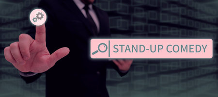 Inspiration showing sign Stand Up Comedy. Business concept Comedian performing speaking in front of live audienceの写真素材