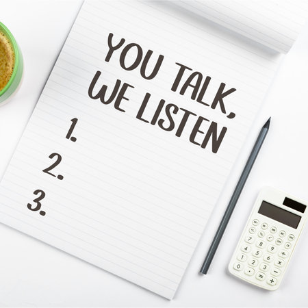 Conceptual caption You Talk, We Listen. Internet Concept Two Way Communication Motivational Conversationの写真素材