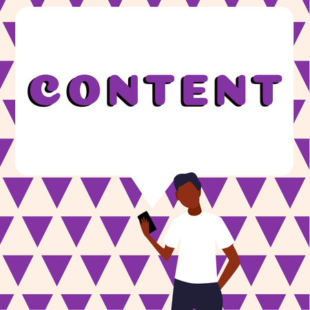 Conceptual caption Content. Word for Things included in something Marketing material State of happinessの写真素材