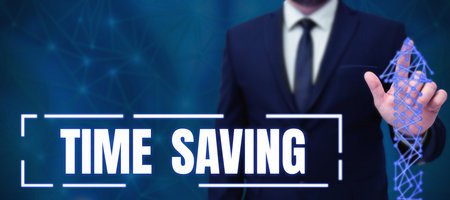 Text caption presenting Time Saving. Business concept the act of reducing the amount of time needed to do somethingの写真素材