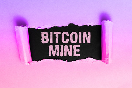 Sign displaying Bitcoin Mine. Business overview Processing of aquiring and transactions in the digital currency systemの写真素材