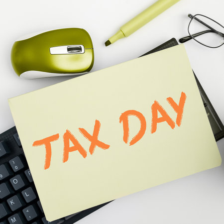 Inspiration showing sign Tax Day. Conceptual photo colloquial term for time on which individual income tax returnsの写真素材