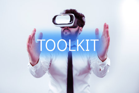 Text sign showing Toolkit. Business concept set of tools kept in a bag or box and used for a particular purposeの写真素材