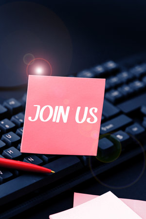 Writing displaying text Join Us. Concept meaning Register in community Team or blog Sign up at...