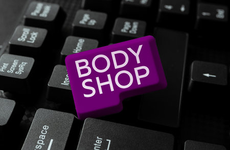 Conceptual display Body Shop. Word Written on a shop where automotive bodies are made or repaired