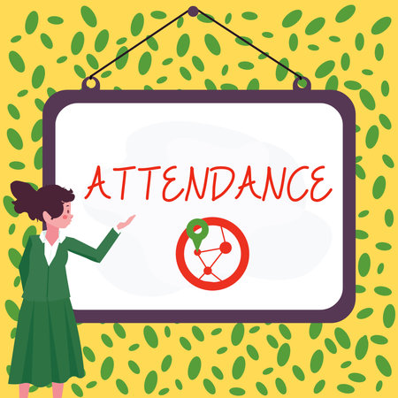 Conceptual caption Attendance. Word Written on Going regularly Being present at place or event Number of peopleの写真素材