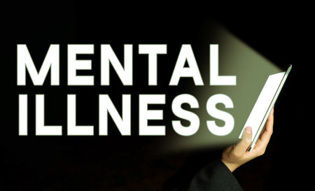 Hand writing sign Mental Illness. Business idea person condition regard to their psychological well beingの写真素材