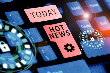 Hand writing sign Hot News. Business showcase subject that experiences surge in popularity on social mediaの写真素材