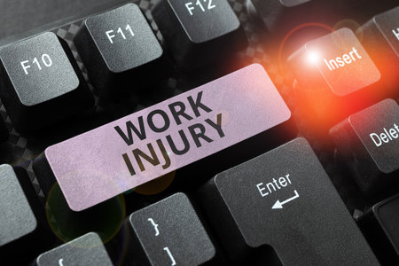 Text sign showing Work Injury. Conceptual photo Accident in job Danger Unsecure conditions Hurt Traumaの写真素材