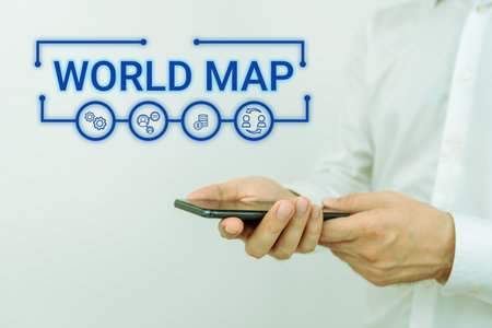 Text caption presenting World Map. Business concept a diagrammatic representation of the surface of the earthの写真素材