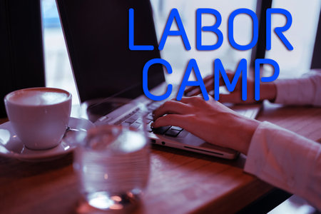 Text caption presenting Labor Camp. Business approach a penal colony where forced labor is performed