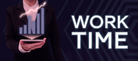 Text sign showing Work Time. Business approach period starts when temporary workers are engaged at a...