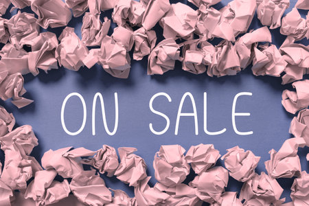 Hand writing sign On Sale. Business concept Opportunity buy something cheaper Discount ready to be purchasedの写真素材