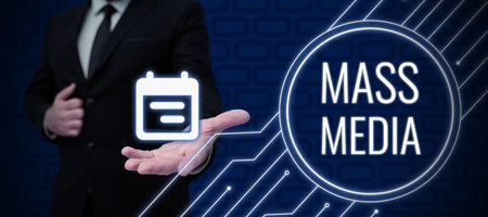 Text caption presenting Mass Media. Business idea Group people making news to the public of what is...