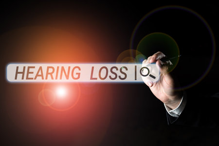 Hand writing sign Hearing Loss. Word Written on is partial or total inability to listen to sounds...