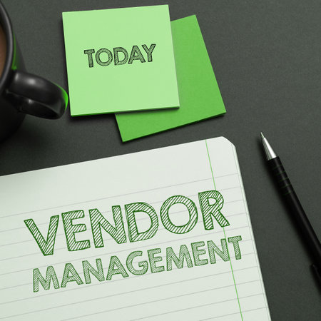 Hand writing sign Vendor Management. Concept meaning activities included in researching and sourcing vendorsの写真素材