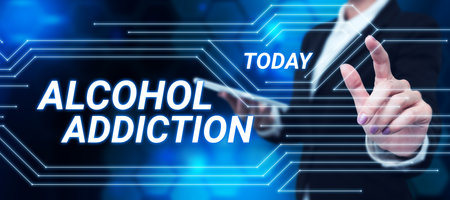 Text sign showing Alcohol Addiction. Business concept characterized by frequent and excessive consumption of alcoholic beveragesの写真素材