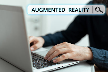 Hand writing sign Augmented Reality. Business idea technology that imposes computer image on the real worldの写真素材