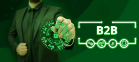 Hand writing sign B2B. Word for Exchange of products services information between businesses E...