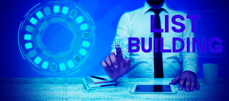 Conceptual caption List Building. Word Written on database of people you can contact with your marketing messageの写真素材