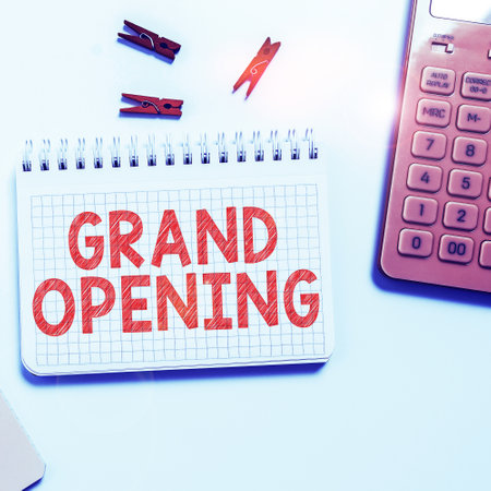 Handwriting text Grand Opening. Word for Ribbon Cutting New Business First Official Day Launchingの写真素材