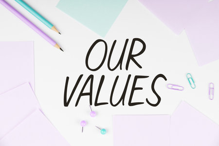 Writing displaying text Our Values. Conceptual photo list of morals companies or individuals commit to do themの写真素材